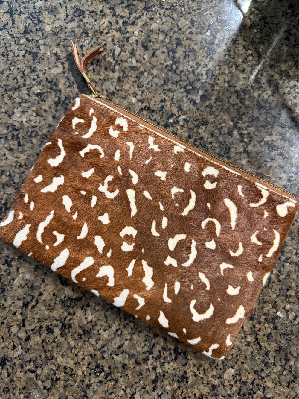 Madewell Brown and Cream Leopard Print Haircalf Zip Pouch